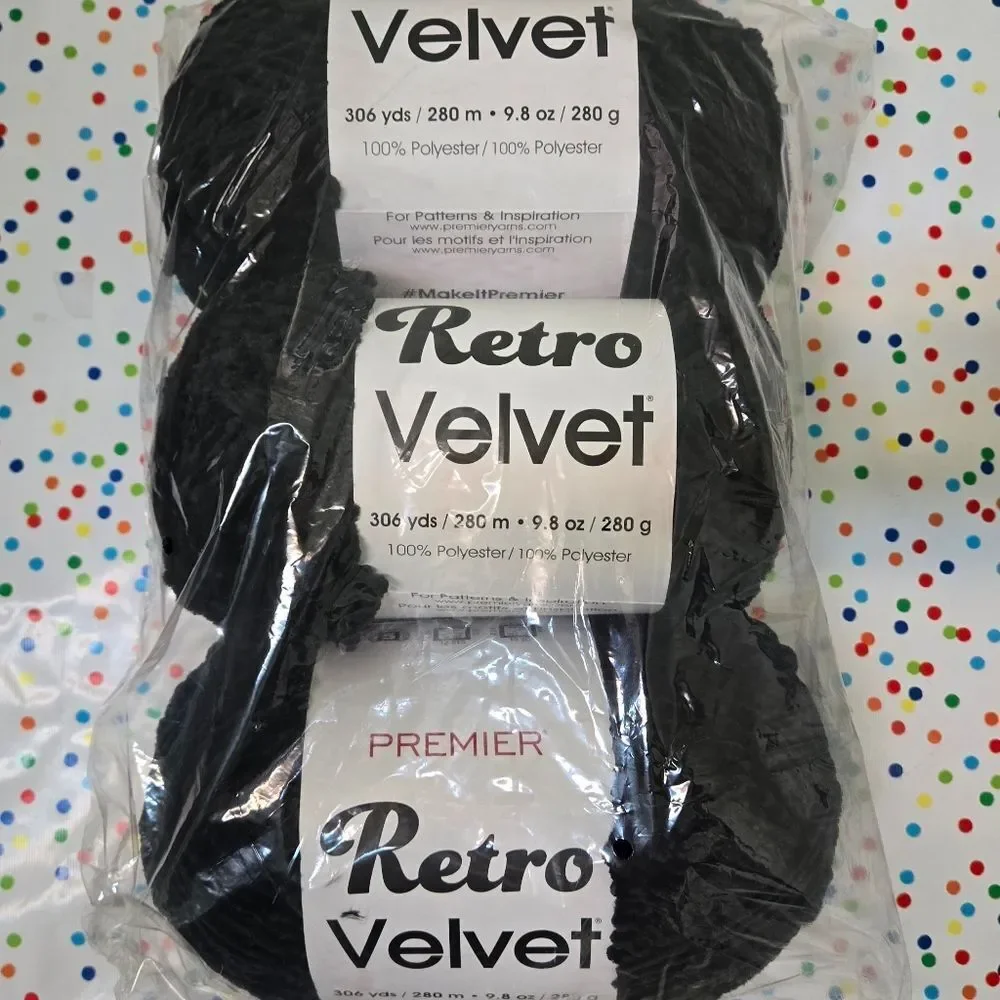 🐼🎃🧟‍♂️Premier Retro Velvet Black Yarn NEW 3 SKEINS IN PKG 9.8 OZ 306 YDS EA